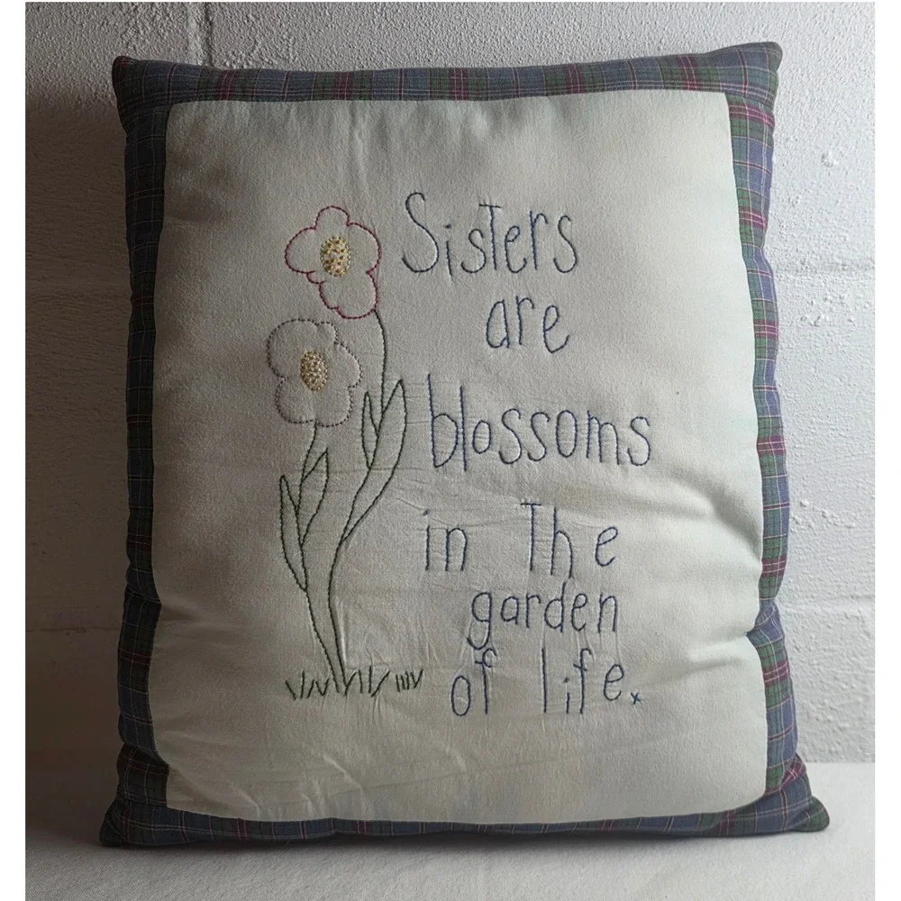 Embroidered Sisters Gift Floral Plaid Throw Pillow Cream Cottagecore